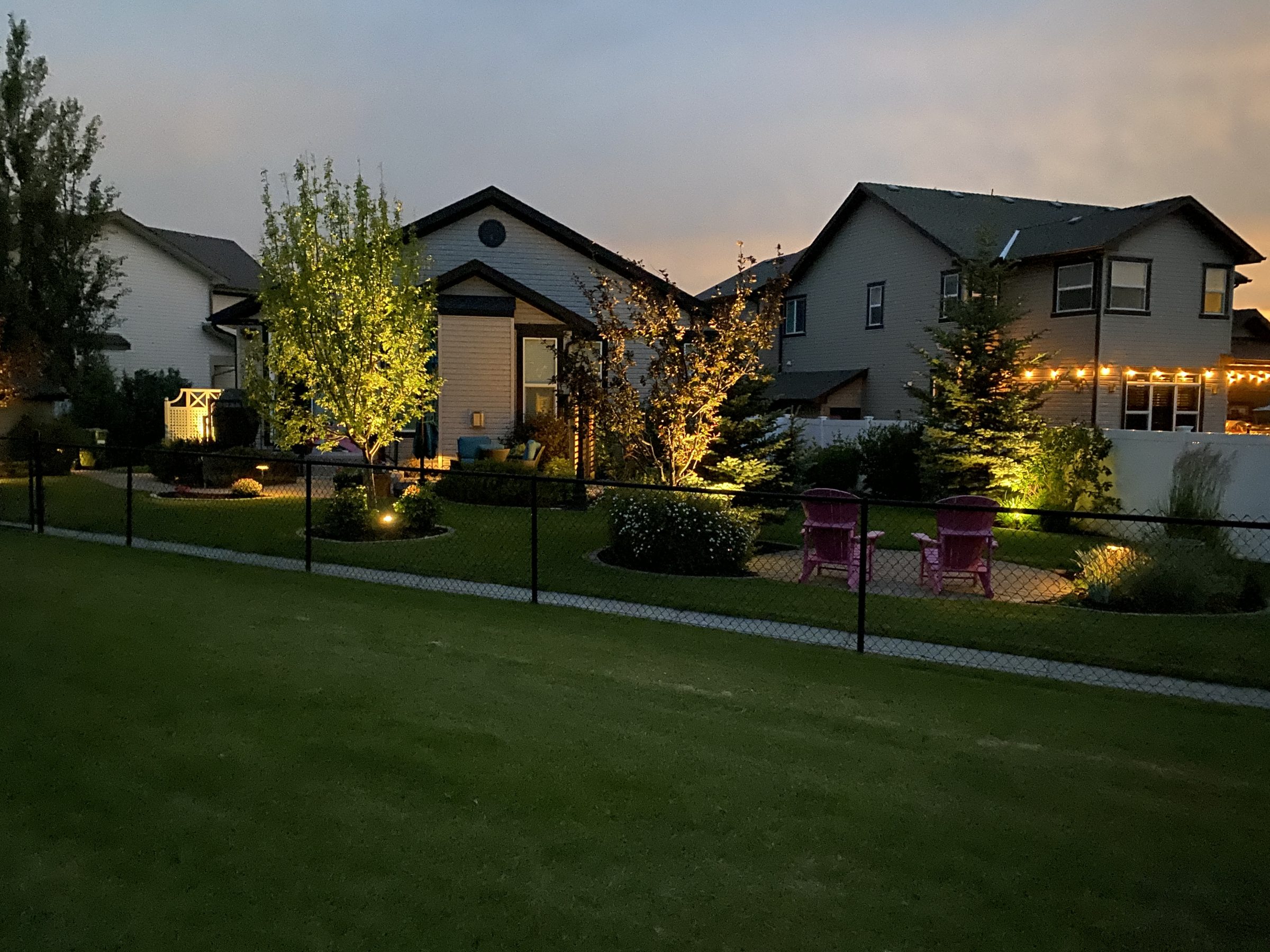 Suburban backyard with illuminated trees at dusk