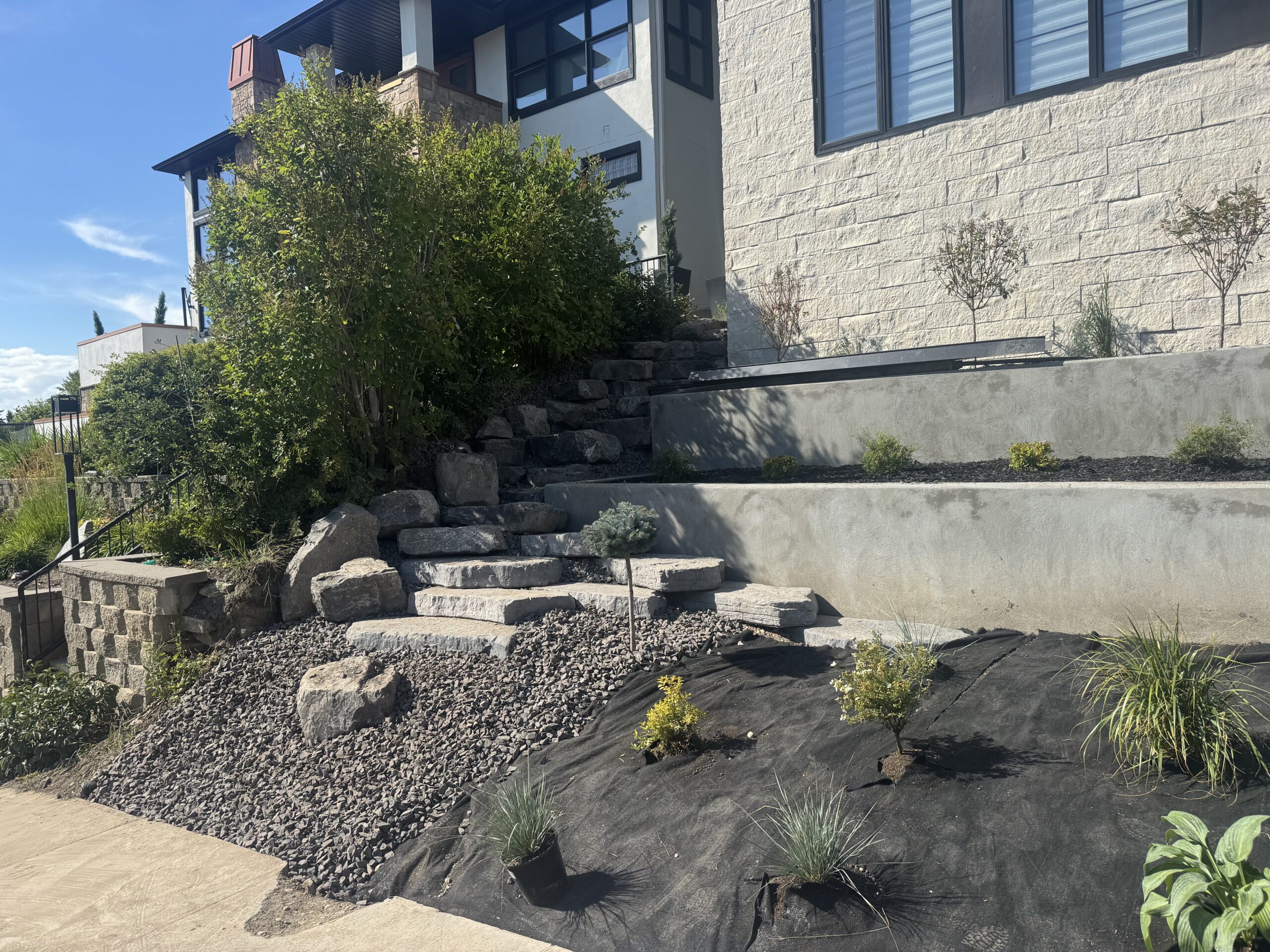 Modern home exterior with stone steps and landscaping