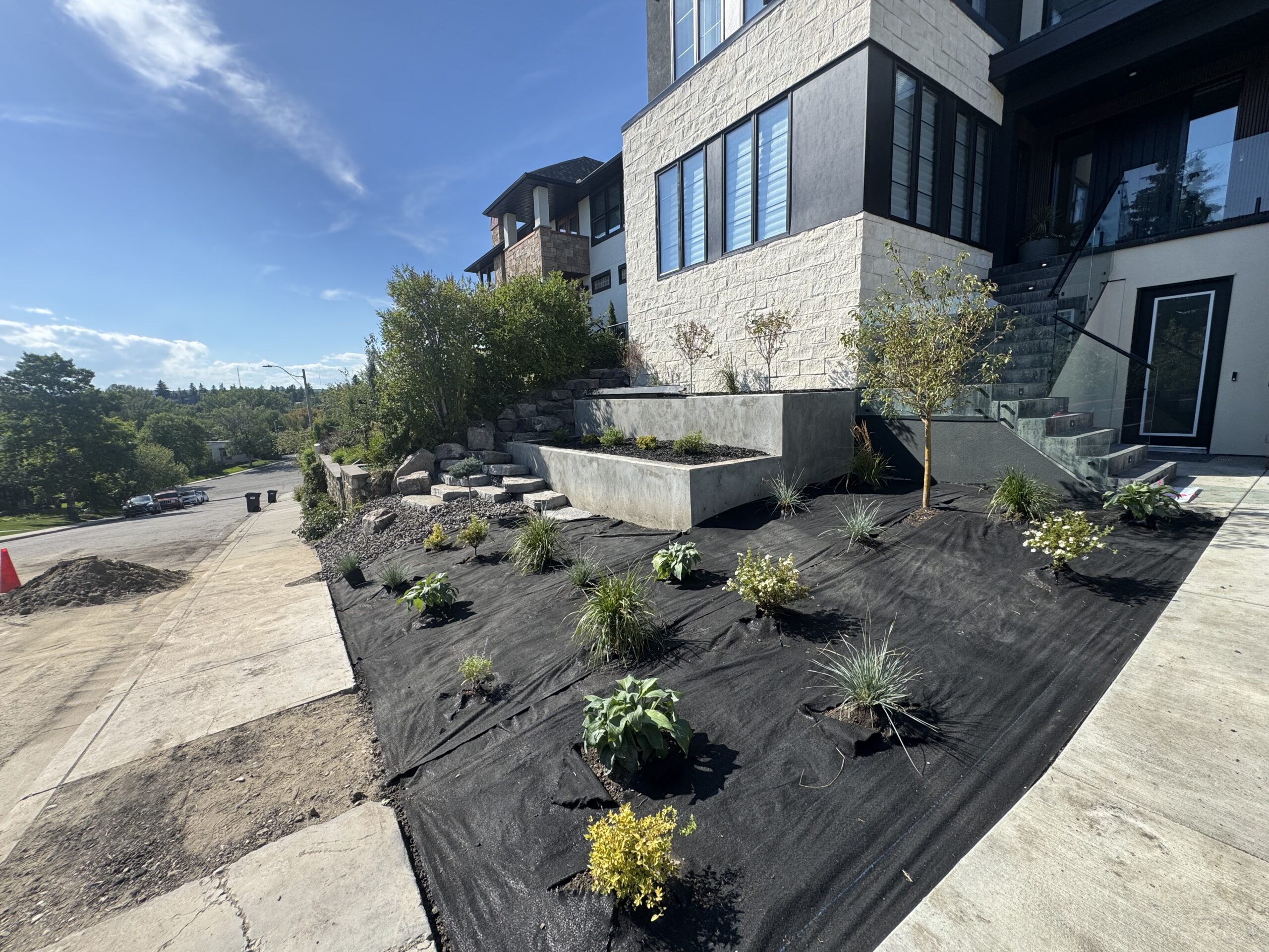 Modern hillside home with newly landscaped front yard