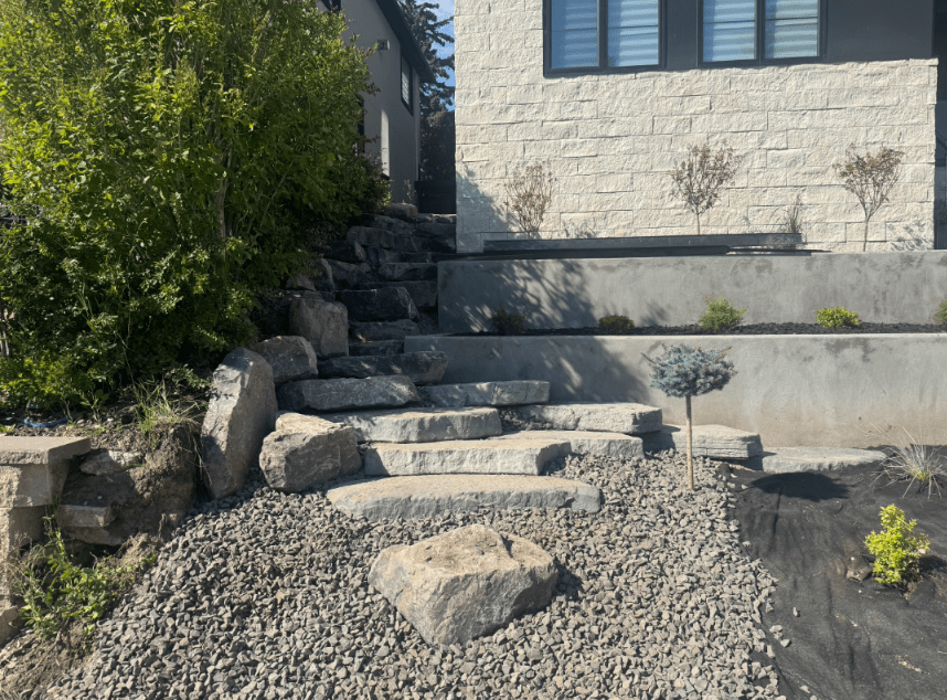 Stone steps and modern home landscaping