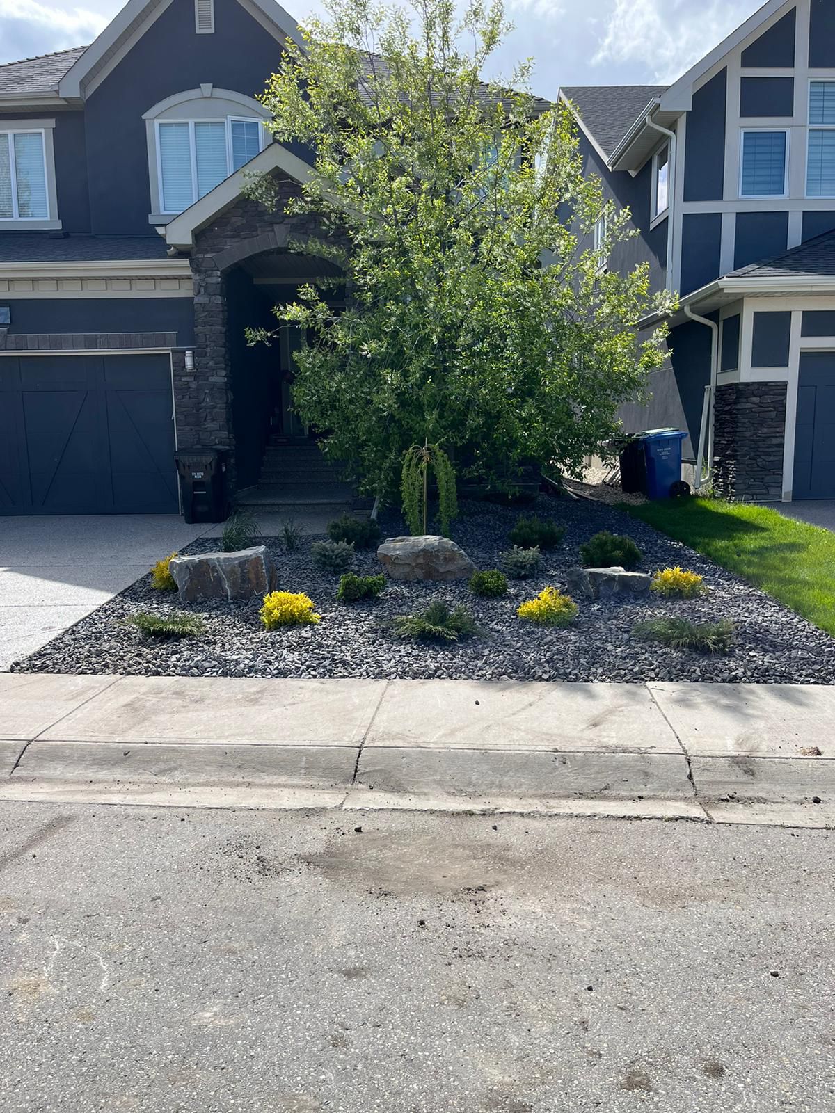 Modern suburban home with landscaped rock garden