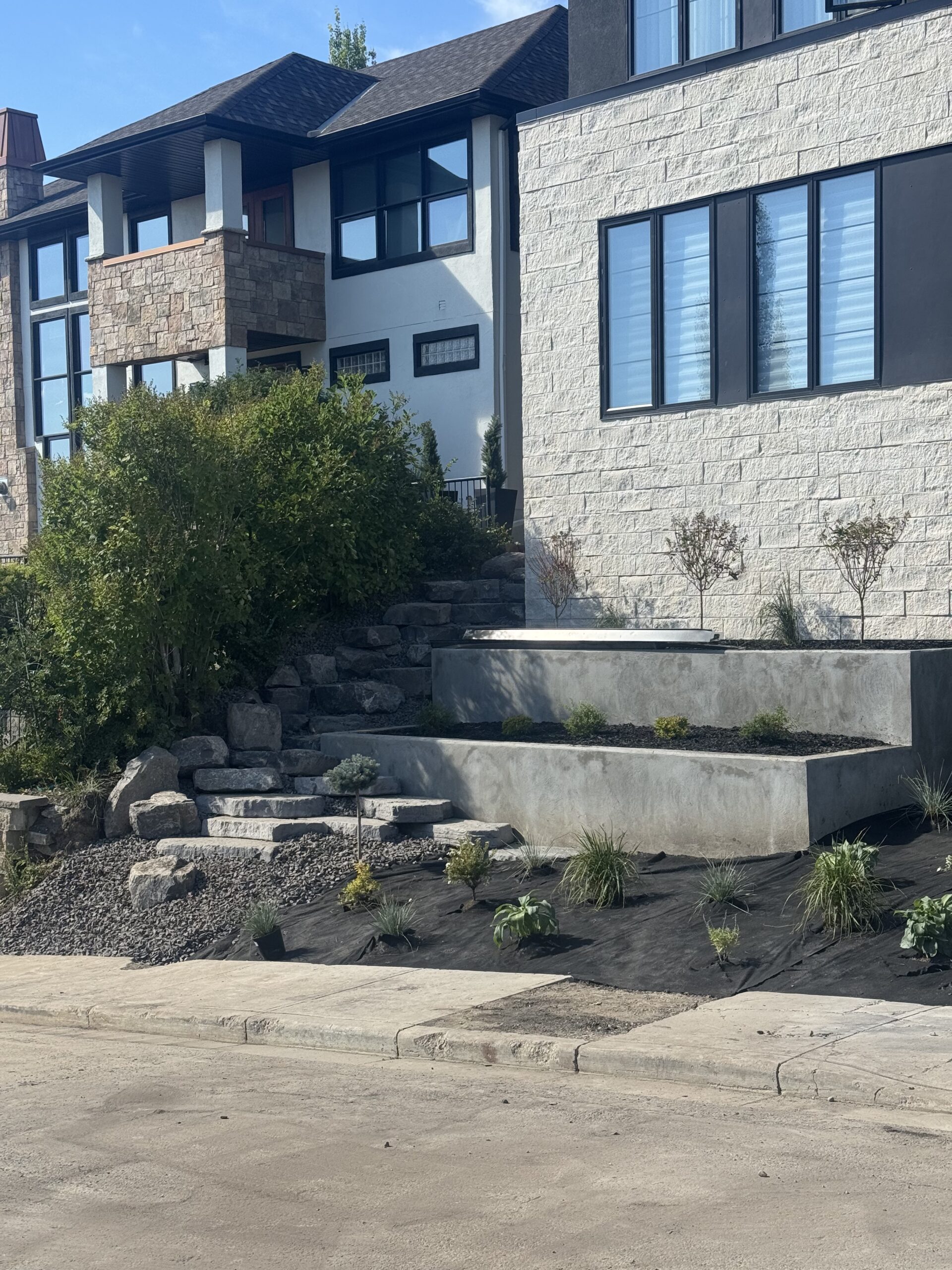 Modern house exterior with stone facade and landscaping