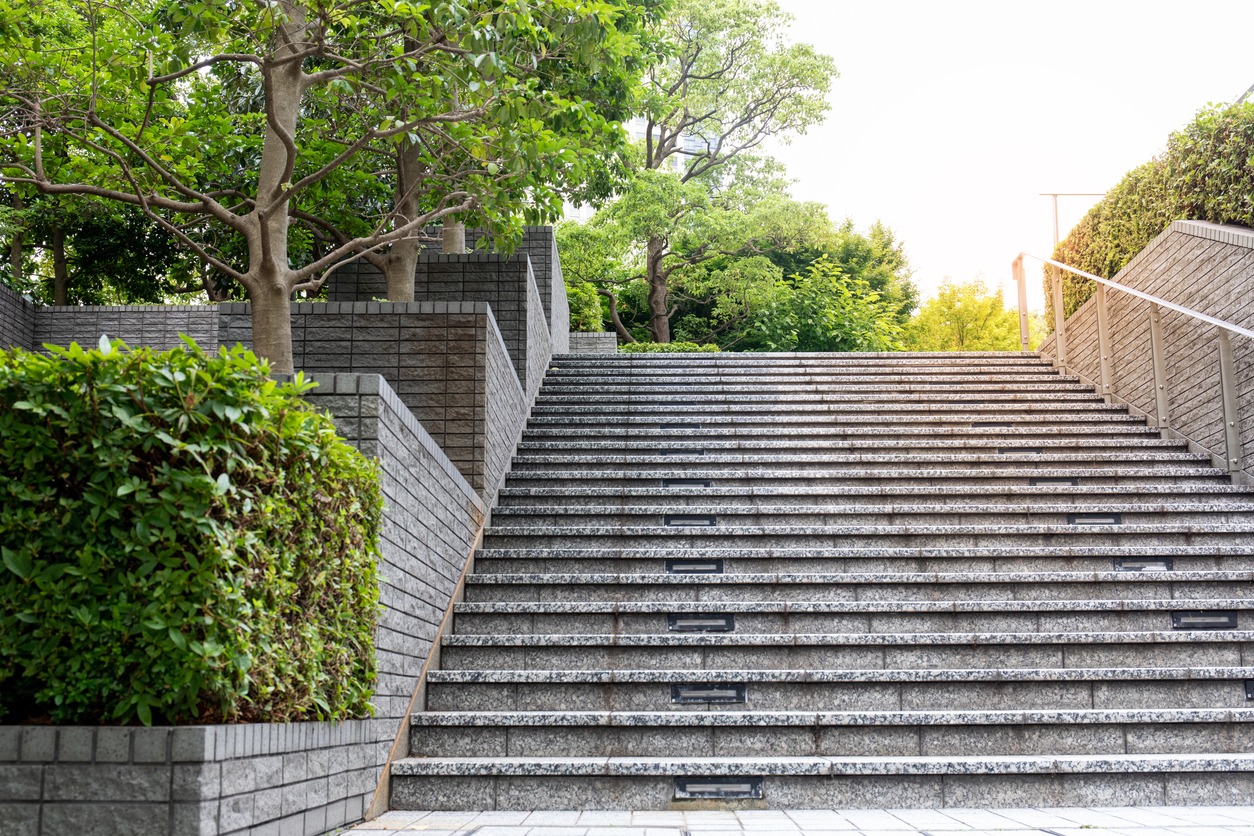 Outdoor stone staircase surrounded by lush greenery