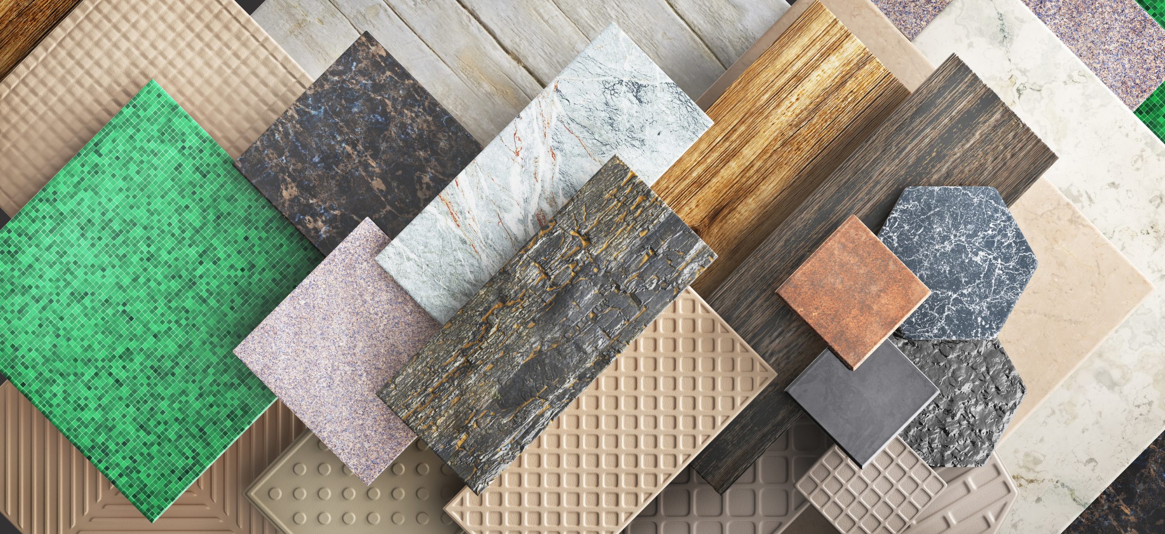 Assorted tile and surface material samples arranged overhead