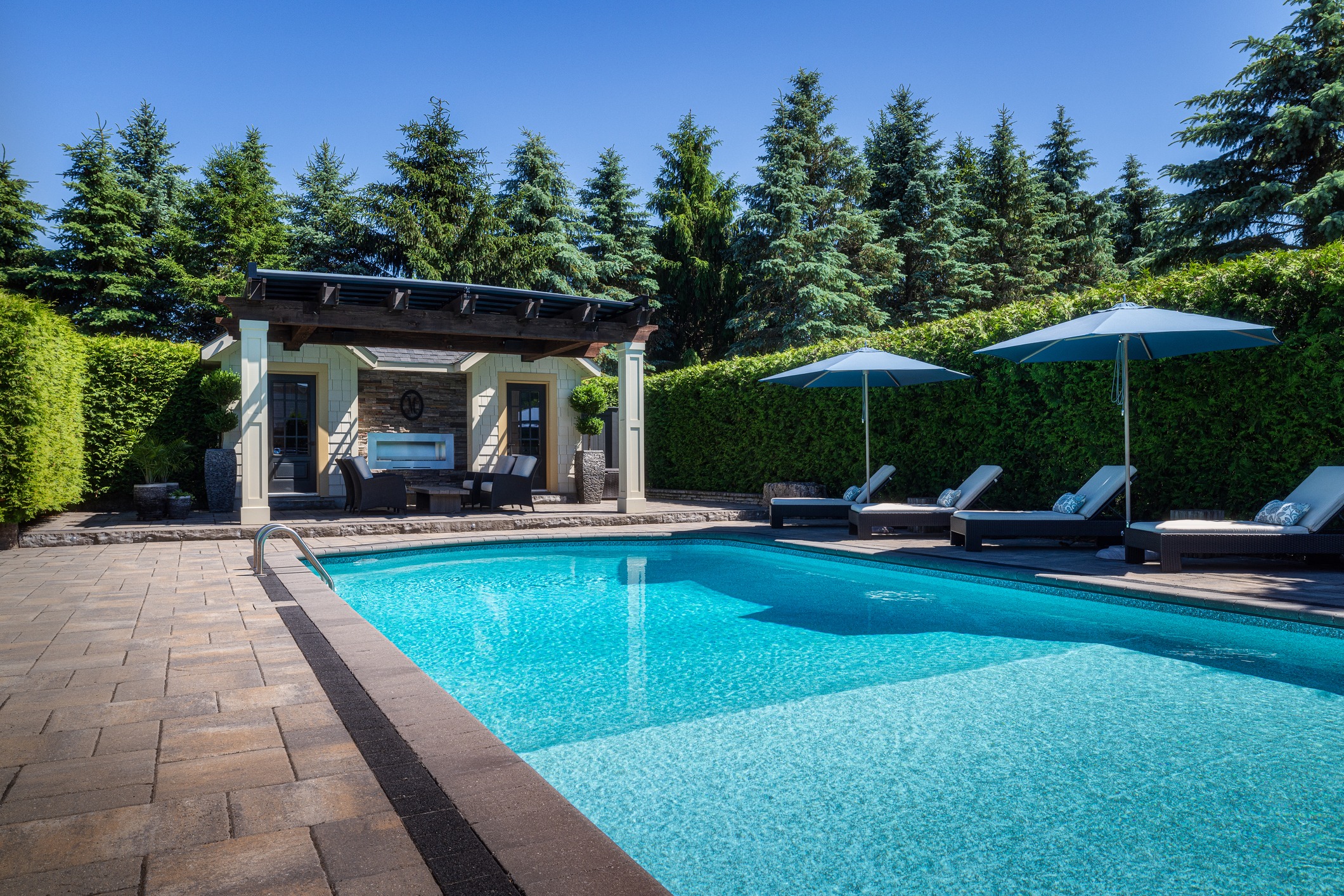 Luxury backyard pool with pergola and lounge chairs