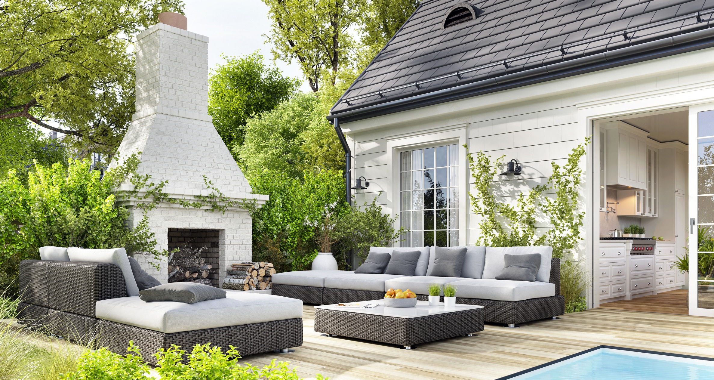 Modern patio with wicker seating and outdoor fireplace