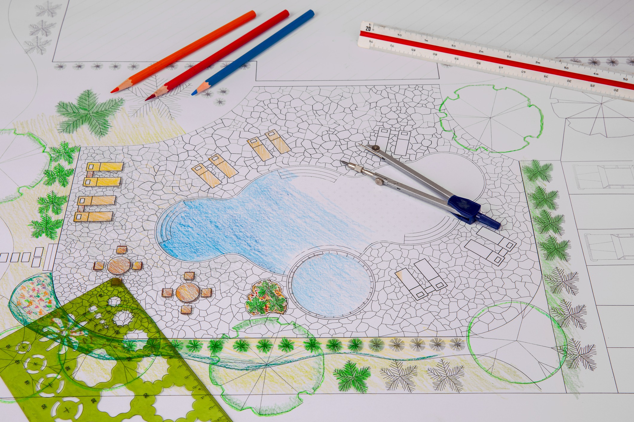 Landscape design plan with pool and drafting tools
