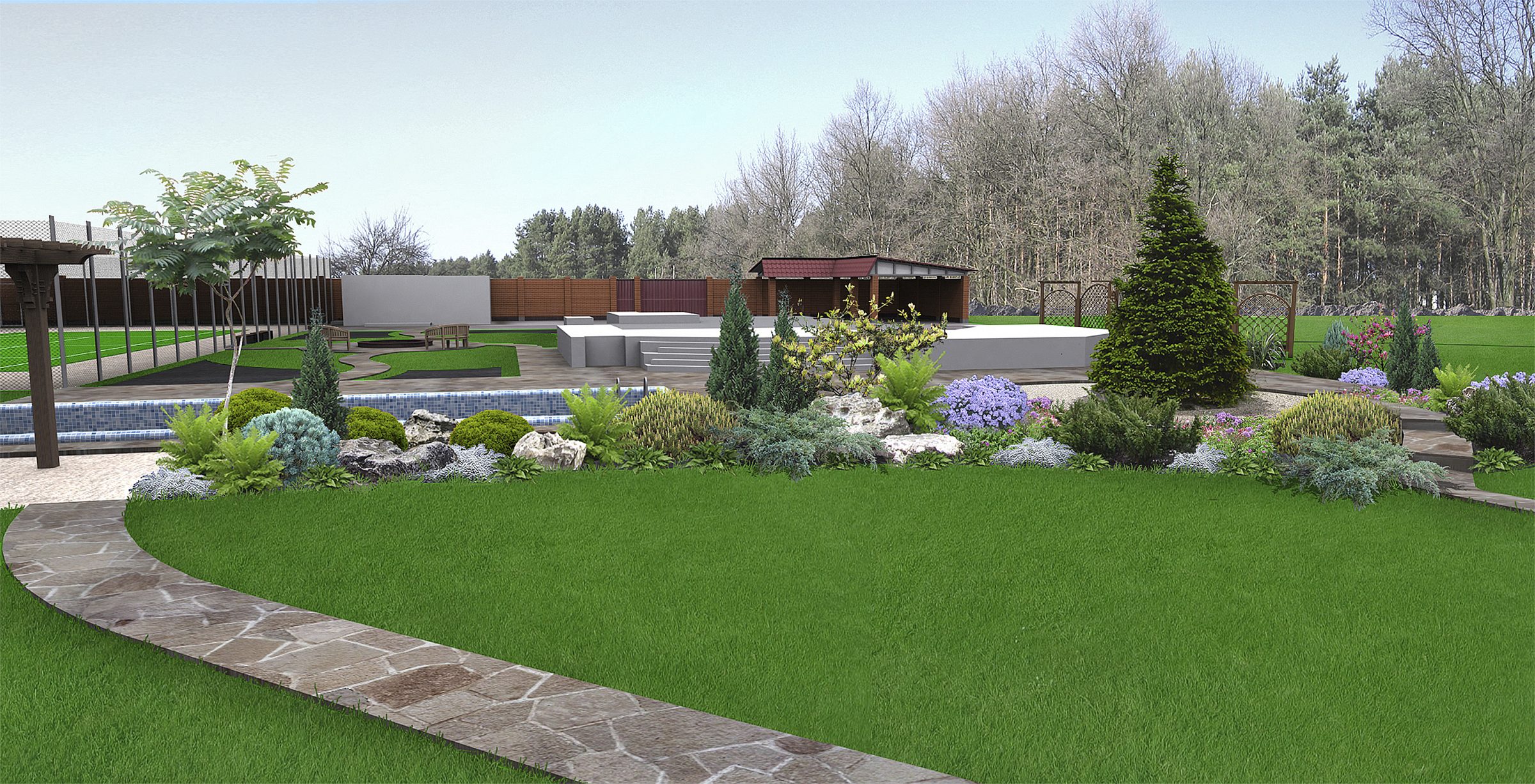 Landscaped garden with curved path and stage